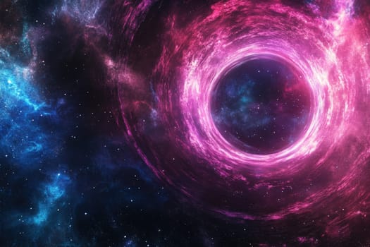 A mesmerizing portal glows brightly against a backdrop of stars and cosmic dust, suggesting the possibility of interstellar travel through a colorful, swirling vortex in space.