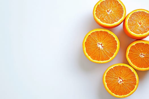 Vibrant and juicy orange slices are arranged artistically on a clean white background, showcasing their freshness. The bright color and texture invite anyone to enjoy a healthy treat or beverage.