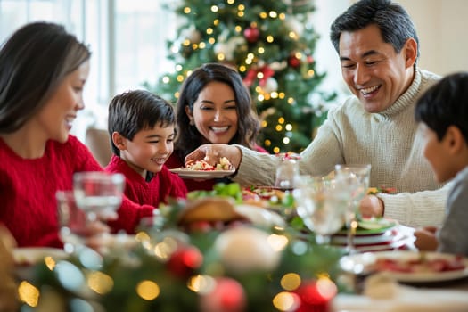 A joyful family shares a festive meal together during their Christmas celebration, surrounded by holiday decorations and delicious food.