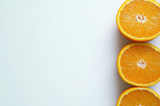 Bright and fresh oranges are neatly sliced and displayed on a clean white surface, highlighting their vibrant color and juicy texture, perfect for healthy snacking or culinary inspiration.