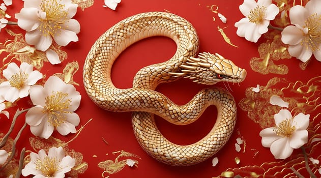 A golden snake rests gracefully on a bright red surface, surrounded by delicate white flowers, highlighting its shimmering scales.