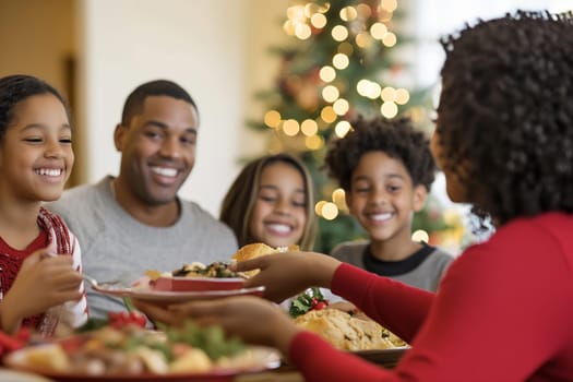 A family enjoys a festive holiday meal, smiling and sharing food at a table filled with delicious dishes and decorations.