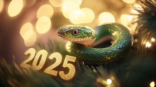A vibrant green snake curls around a Christmas tree branch, with twinkling lights and the year 2025 highlighted in golden numbers.