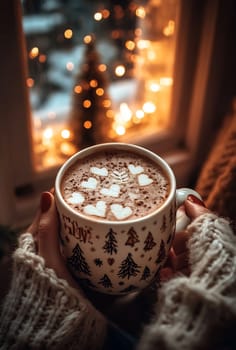 A person holds a cup of hot chocolate with heart marshmallows, enjoying a cozy winter afternoon beside a glowing window.