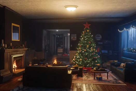 A Christmas tree adorned with lights and ornaments stands in a cozy living room, complemented by a crackling fire on a winter evening.