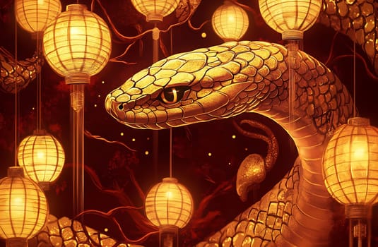 A golden snake twists among illuminated lanterns, casting a warm glow in a vibrant, festive setting filled with rich colors.