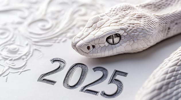 A white snake with striking features rests on a surface adorned with an embossed 2025, highlighting its unique texture and design.