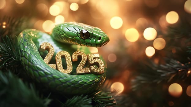 A vibrant green snake rests elegantly on the year 2025, surrounded by twinkling lights, celebrating the arrival of a new year.