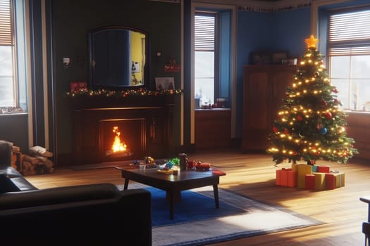 A warm living room features a Christmas tree, bright decorations, and a crackling fireplace, creating a festive holiday atmosphere.