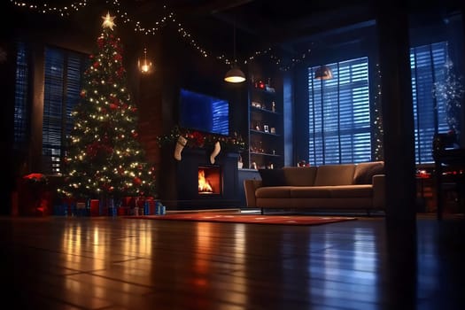 A warm and inviting living room features a festive Christmas tree, stockings hung above a crackling fireplace, and soft lighting.