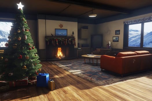 This warm and inviting living room features a decorated Christmas tree, a crackling fireplace, and snowy mountains visible outside.