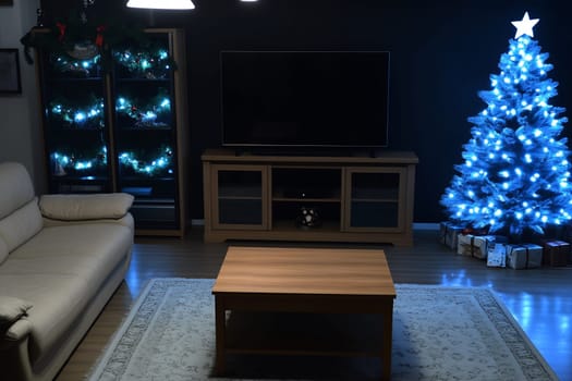 The living room exudes a festive vibe with a blue Christmas tree, cozy sofa, and a warm ambiance, perfect for holiday gatherings.
