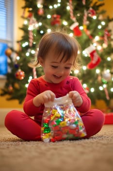 A delighted young child sits on a carpet, discovering vibrant holiday decorations near a beautifully lit Christmas tree.