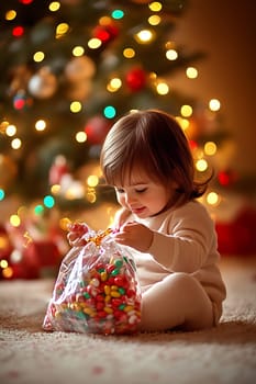 A cheerful child is excitedly unpacking a bag of candy while sitting on a cozy carpet near a decorated Christmas tree.