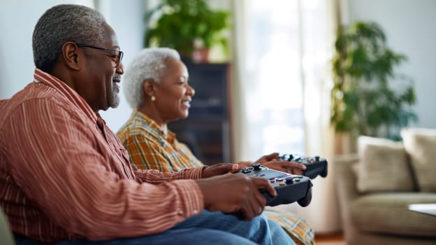 Elderly African American couple enjoying a video game at home, AI Generated
