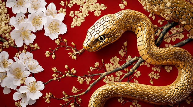 The golden snake elegantly wraps around delicate branches adorned with white flowers against a rich red backdrop.