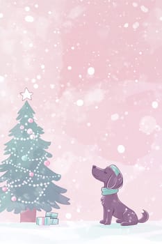 A happy black dog gazes at a sparkling Christmas tree while snowflakes gently fall around, creating a festive atmosphere.