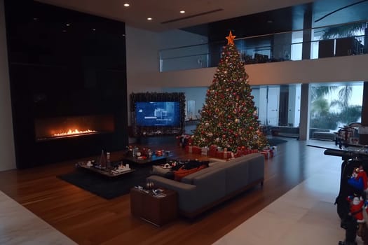 A beautifully decorated Christmas tree stands in a contemporary living room, surrounded by presents and a cozy fireplace.