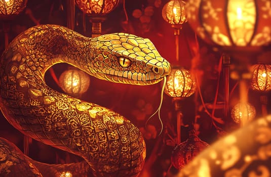 A captivating golden snake slithers through beautifully illuminated lanterns, adding mystery to a vibrant festival atmosphere.