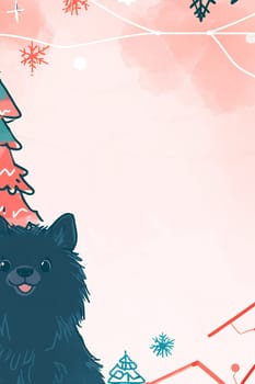 A black dog with a happy expression sits next to a colorful Christmas tree adorned with festive decorations in a playful winter backdrop.