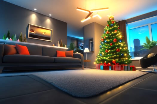 A modern living room is beautifully decorated for Christmas, featuring a glowing tree with lights and colorful gifts underneath during the evening.