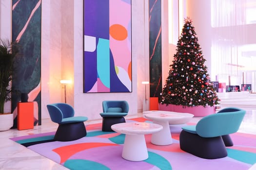 A vibrant lounge area showcases a Christmas tree, stylish chairs, and modern artwork, creating a festive atmosphere for relaxation and gatherings.