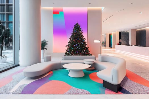 The lobby showcases a colorful Christmas tree, contemporary seating, and bold decor, creating a festive atmosphere in a modern space.