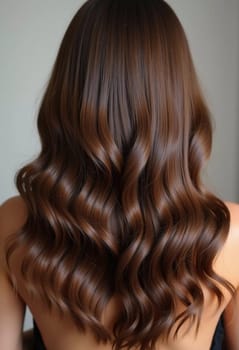 A person with long, wavy brown hair is turned away, showcasing the beautiful waves and shine. Neutral background that highlights hair texture. Hair care, the effect of cosmetics Generative AI.