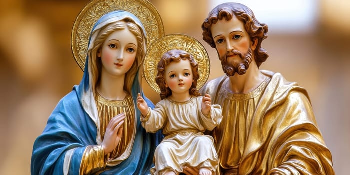 The painting depicts Mary, Joseph and the baby Jesus in a peaceful and holy scene, with Mary cradling Jesus in her arms and Joseph standing protectively by their side.AI generative.