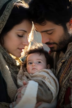 The painting depicts Mary, Joseph and the baby Jesus in a peaceful and holy scene, with Mary cradling Jesus in her arms and Joseph standing protectively by their side.AI generative.