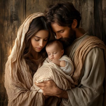 The painting depicts Mary, Joseph and the baby Jesus in a peaceful and holy scene, with Mary cradling Jesus in her arms and Joseph standing protectively by their side.AI generative.