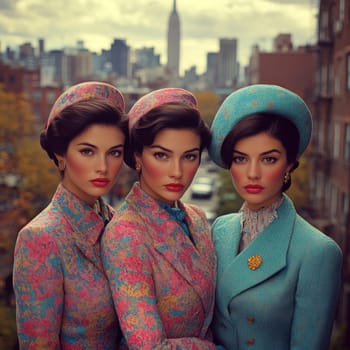 Photographs of women styled in the 1940s-50s taken on the streets of American cities. AI generative.