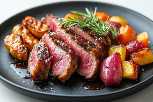 cooked duck breast, accompanied by a variety of caramelized vegetables. AI generative.