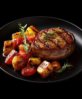cooked duck breast, accompanied by a variety of caramelized vegetables. AI generative.