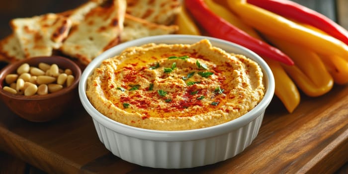 roasted garlic hummus served in bowl topped with paprika, flat parsely and roasted pine . AI generative.