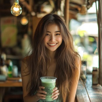 sitting smiling young woman drinking matcha tee. AI generative.