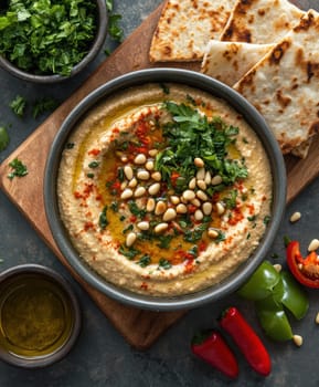 roasted garlic hummus served in bowl topped with paprika, flat parsely and roasted pine . AI generative.