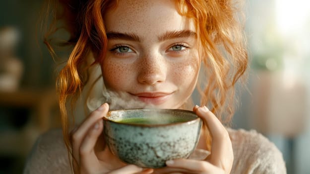 sitting smiling young woman drinking matcha tee. AI generative.