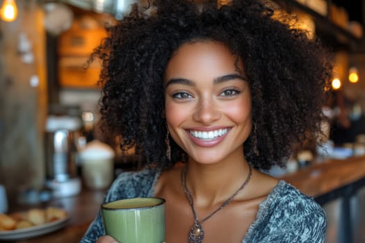 sitting smiling young woman drinking matcha tee. AI generative.