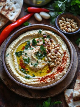 roasted garlic hummus served in bowl topped with paprika, flat parsely and roasted pine . AI generative.