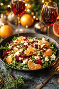 Salad with beetroot, tangerines, feta cheese and arugula,. AI generative