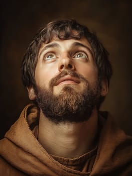 st Francis of Assisi, young man, monk, beard, brown clothing, AI generative.