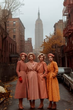 A high-resolution, photorealistic stock image inspired by a vintage Life Magazine photo shoot, featuring elegant European women in colorful, stylish autumn outfits. The women wear 1940s-1950s-inspired fashion, including tailored coats, gloves, and hats, with sleek, wavy hairstyles that complement their outfits. The setting is an old New York City, with iconic landmarks like the Empire State Building, vintage cars, and classic storefronts in the background. The image captures the nostalgic American style of the mid-20th century, reflecting the imperfections of contemporary footage, such as slight overexposure, grain, and lens flare. The mood is vibrant yet timeless, combining fashion and cityscape with a touch of vintage glamour --chaos 30 --ar 2:3 --style raw --stylize 300 --v 6.1 Job ID: ab62d439-7943-43ef-a820-de8a3c3310d6
