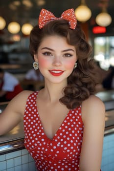 A beautiful woman dressed in red with white polka dots is sitting at the counter of an American diner. Her hair is styled into vintage updo curls and adorned with a bright bow on top. She has big brown eyes that sparkle as she smiles charmingly. Her lips have a glossy finish, adding to her retro charm. The photo captures every detail, from her elegant dress to her sparkling earrings, in a full-body shot. --chaos 20 --ar 85:128 --style raw --stylize 300 --v 6.1 Job ID: 23299052-422c-4068-9c80-f2523e8d70dc