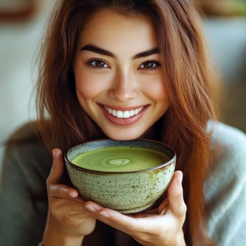 sitting smiling young woman drinking matcha tee. AI generative.