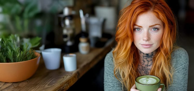 sitting smiling young woman drinking matcha tee. AI generative.