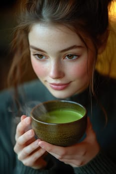 sitting smiling young woman drinking matcha tee. AI generative.