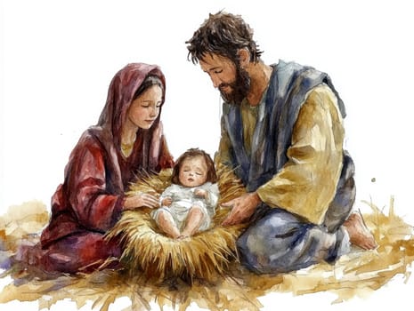 The painting depicts Mary, Joseph and the baby Jesus in a peaceful and holy scene, with Mary cradling Jesus in her arms and Joseph standing protectively by their side.AI generative.