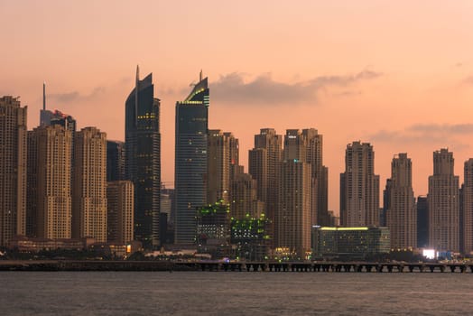 UAE, DUBAI - DECEMBER 28: Evening cityscape of Dubai city, United Arab Emirates on December 28, 2014