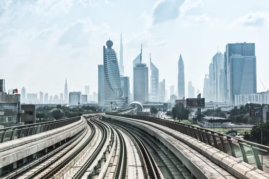 UAE, DUBAI - DECEMBER 31: view on subway road on downtown city Dubai. United Arab Emirates on December 31, 2014